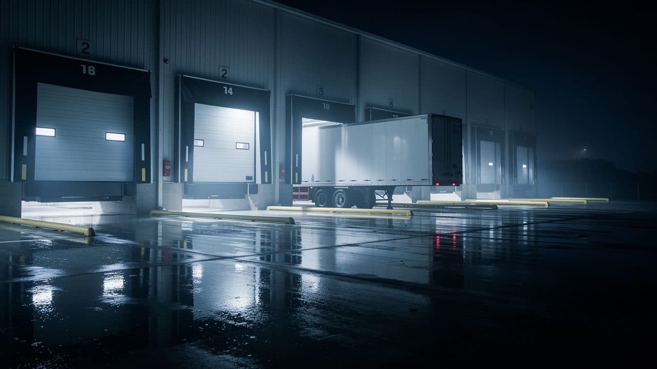 A loading dock at night, roller doors open onto wet concrete