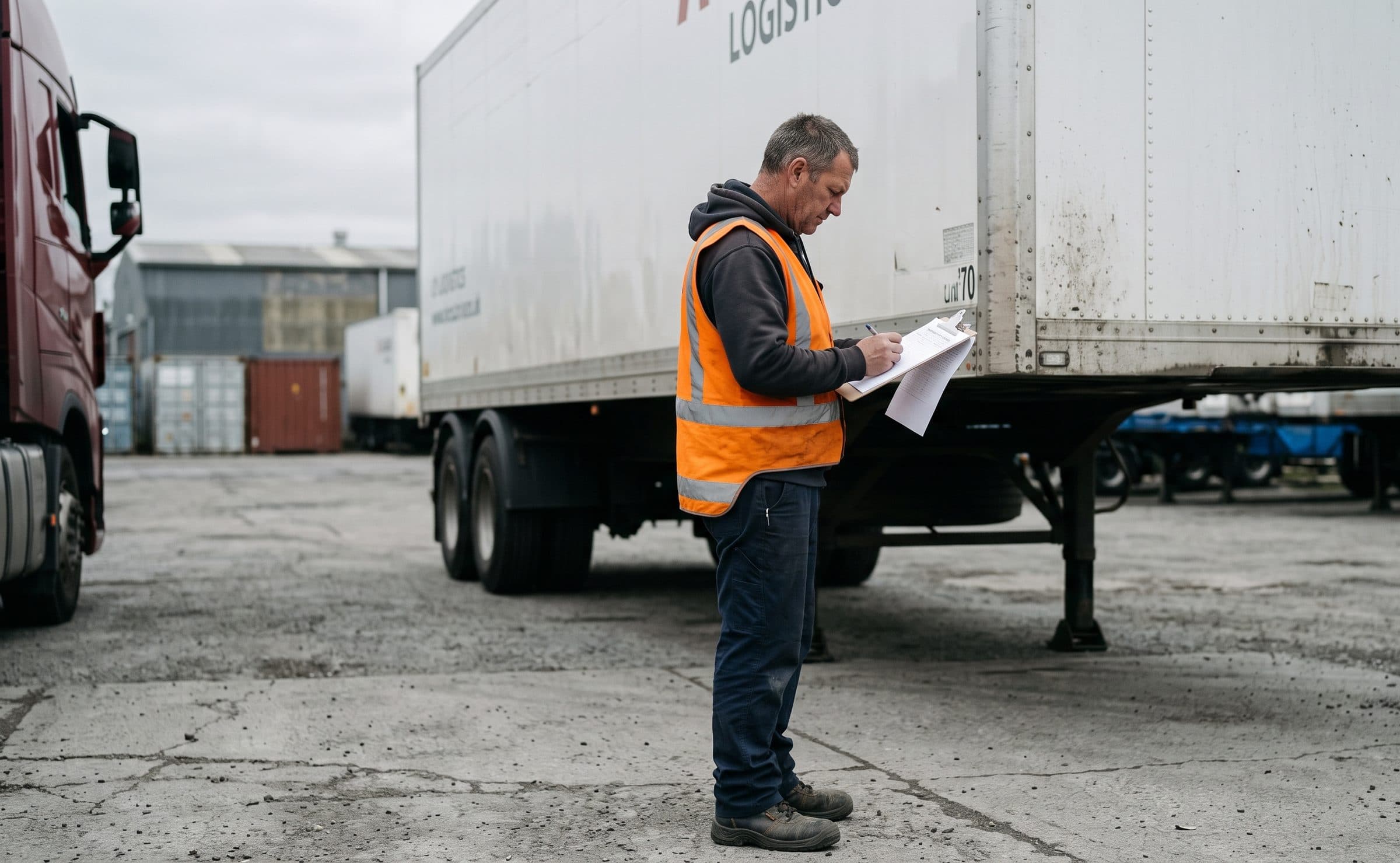A driver in a hi-vis vest checking a delivery note beside a trailer