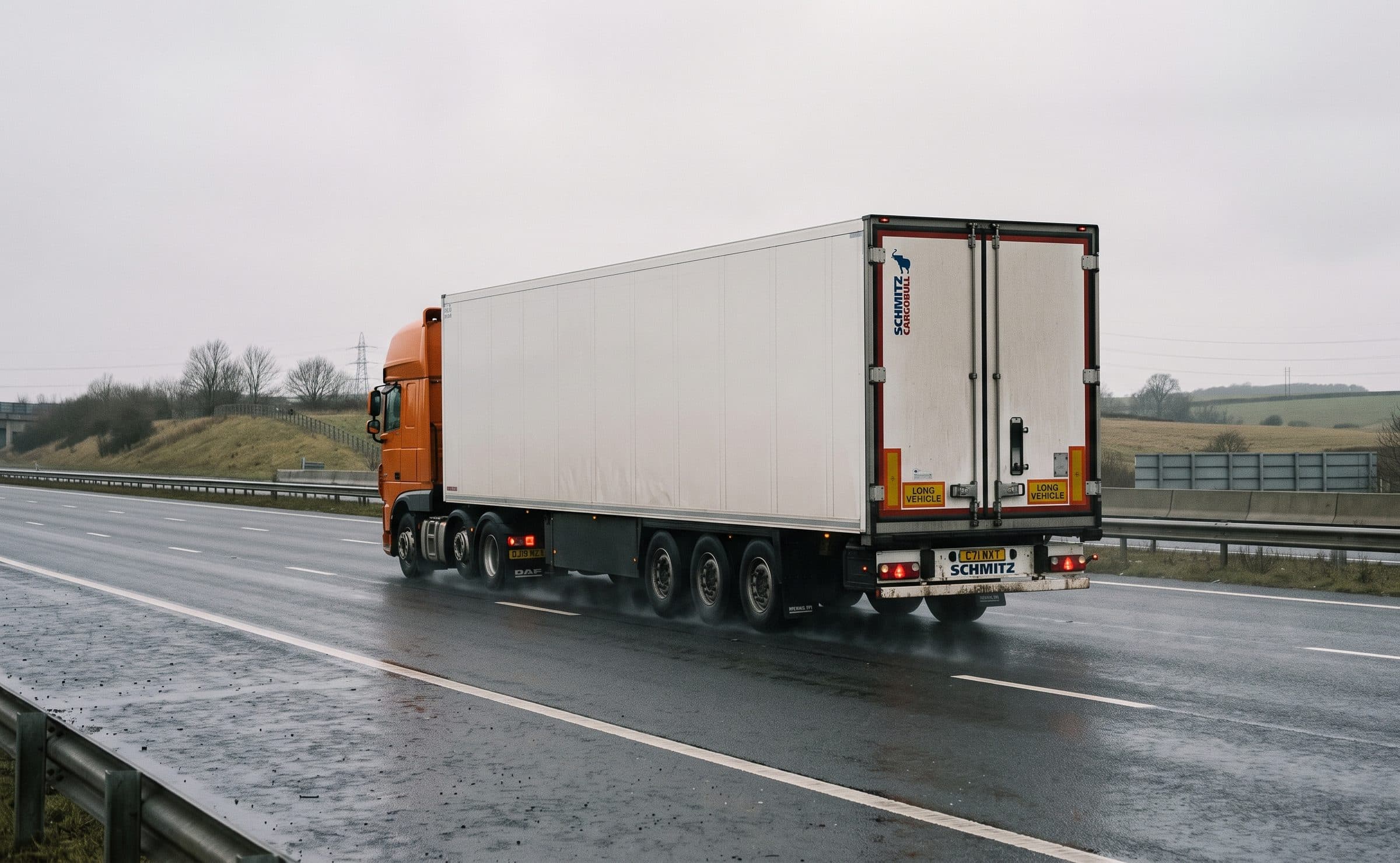 An SBB tractor unit and box trailer on a wet motorway