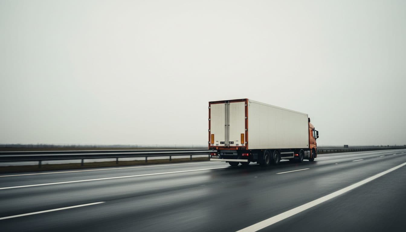 A trailer running on an open motorway under a flat sky